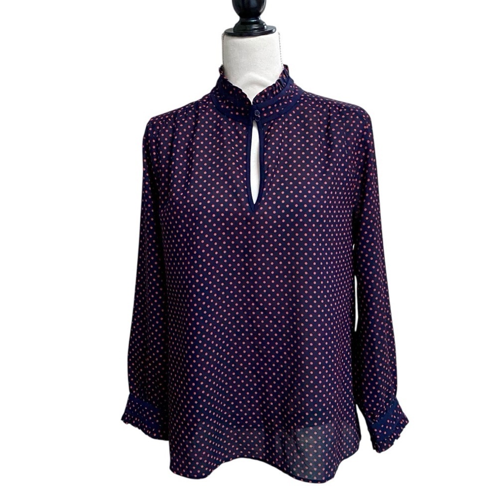 J.Crew Factory Navy Red Polka Dot Ruffle Neck Blouse Size 12 B3977